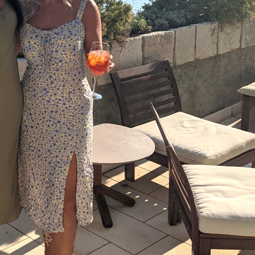 Blue and yellow midi dress with slit up the side